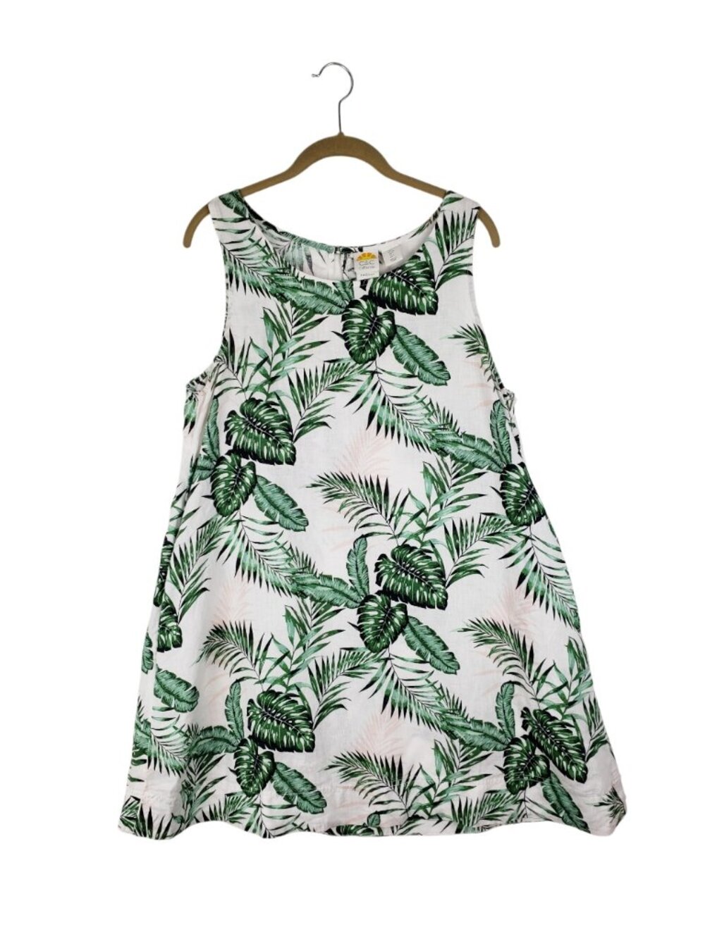 C&C California Linen Shift Dress White Green Tropical Palm Leaf Womens Large